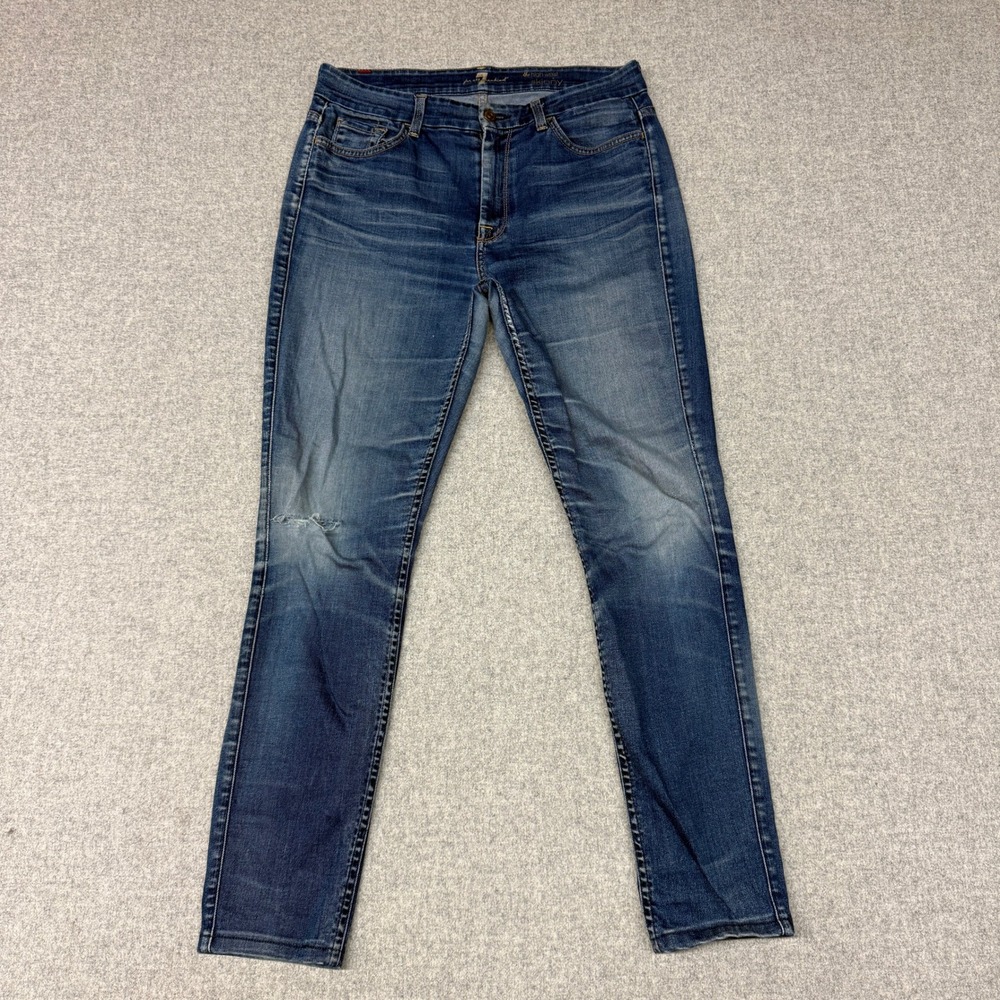7 For All Mankind High Waist Skinny Jeans 31 Blue Stretch Denim Distressed Wear